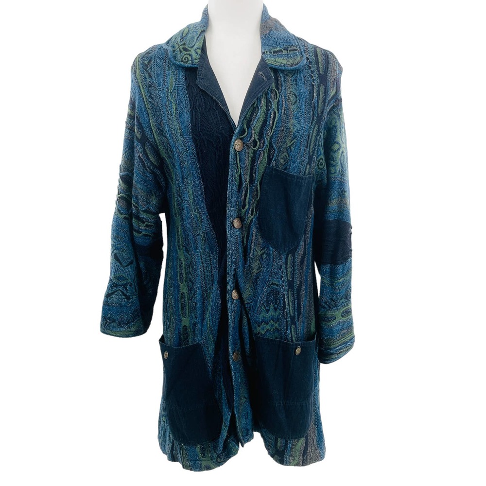 Coogi Blues Blue & Green Woven Cotton Knit Long Cardigan Jacket Women Sz M